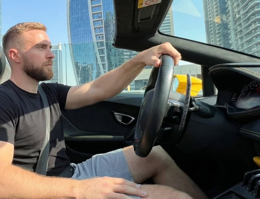 Ethan behind the wheel of a Lamborghini in Dubai